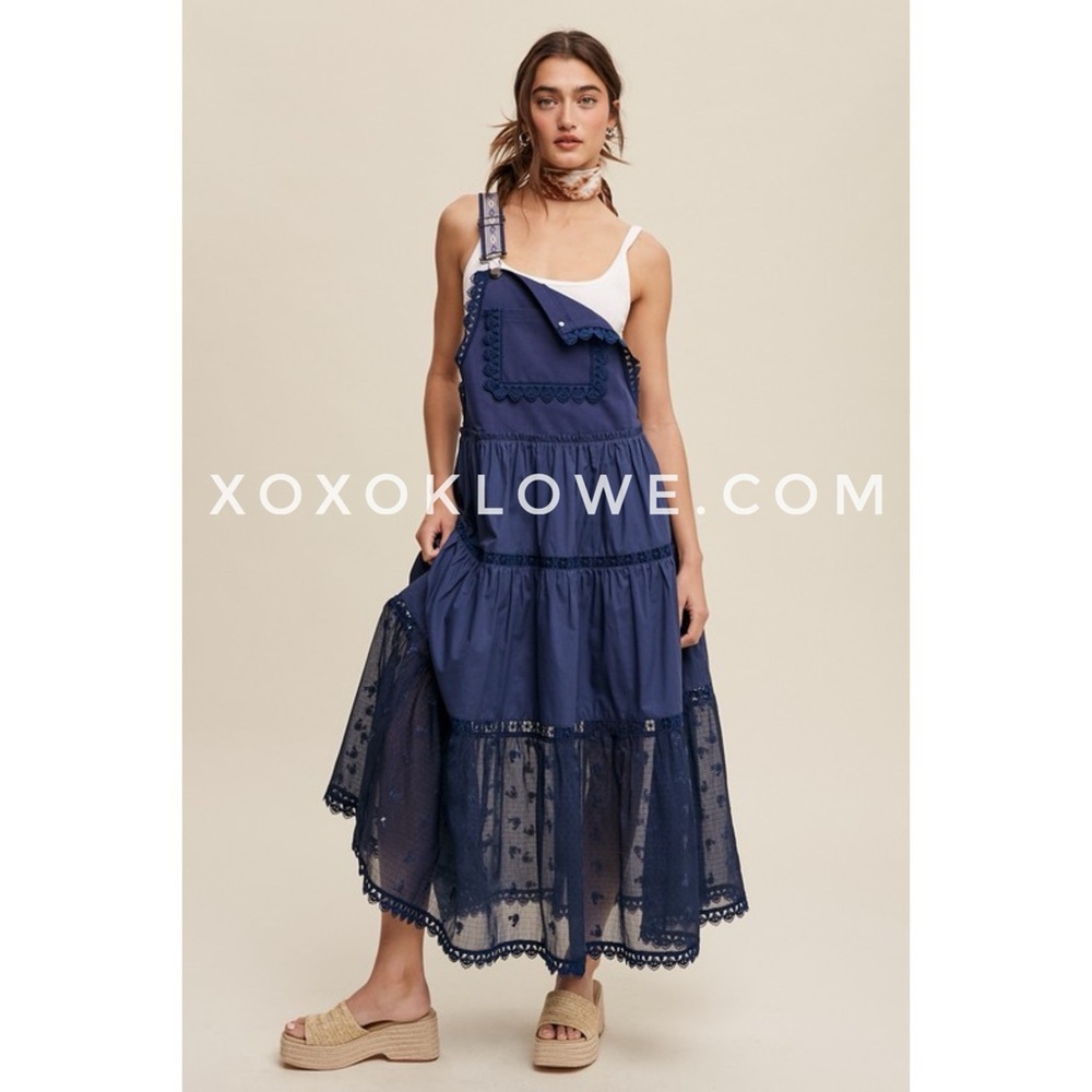 Listicle Navy Blue Lace + Embroidered Tiered Overall Dress | Trails End Skirtall - Picture 11 of 12